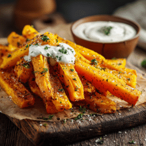 Frites de butternut rôties au four avec sauce au yaourt citronnée — recette saine et croustillante d’automne
