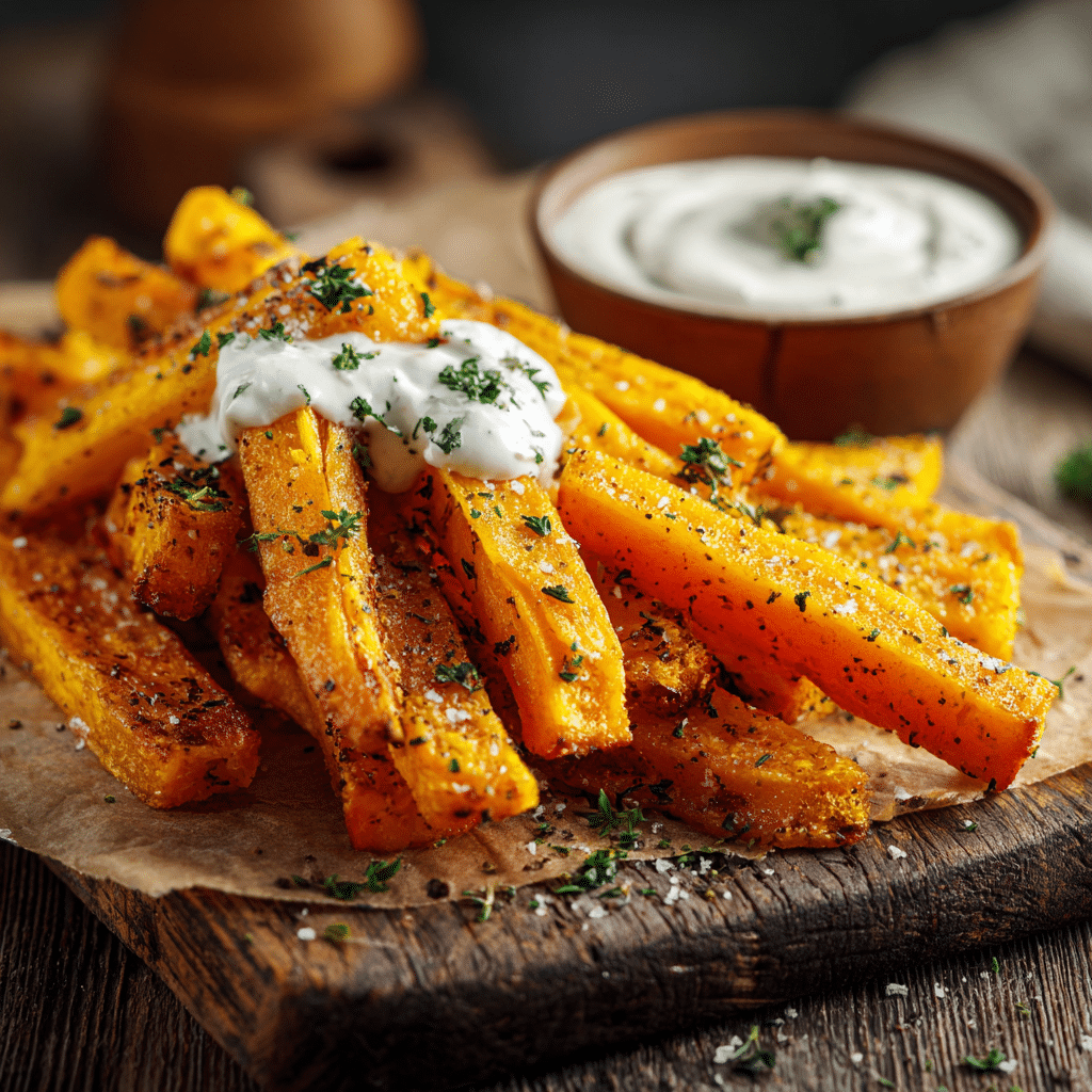 Frites de butternut rôties au four avec sauce au yaourt citronnée — recette saine et croustillante d’automne