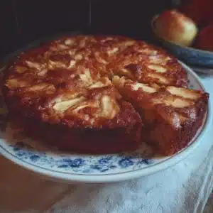 Gâteau aux pommes à l’ancienne, moelleux et doré, servi sur une assiette vintage.