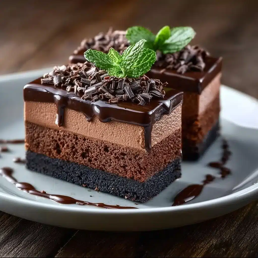 Gâteau au chocolat aux trois mousses décoré de délicieuses couches de chocolat