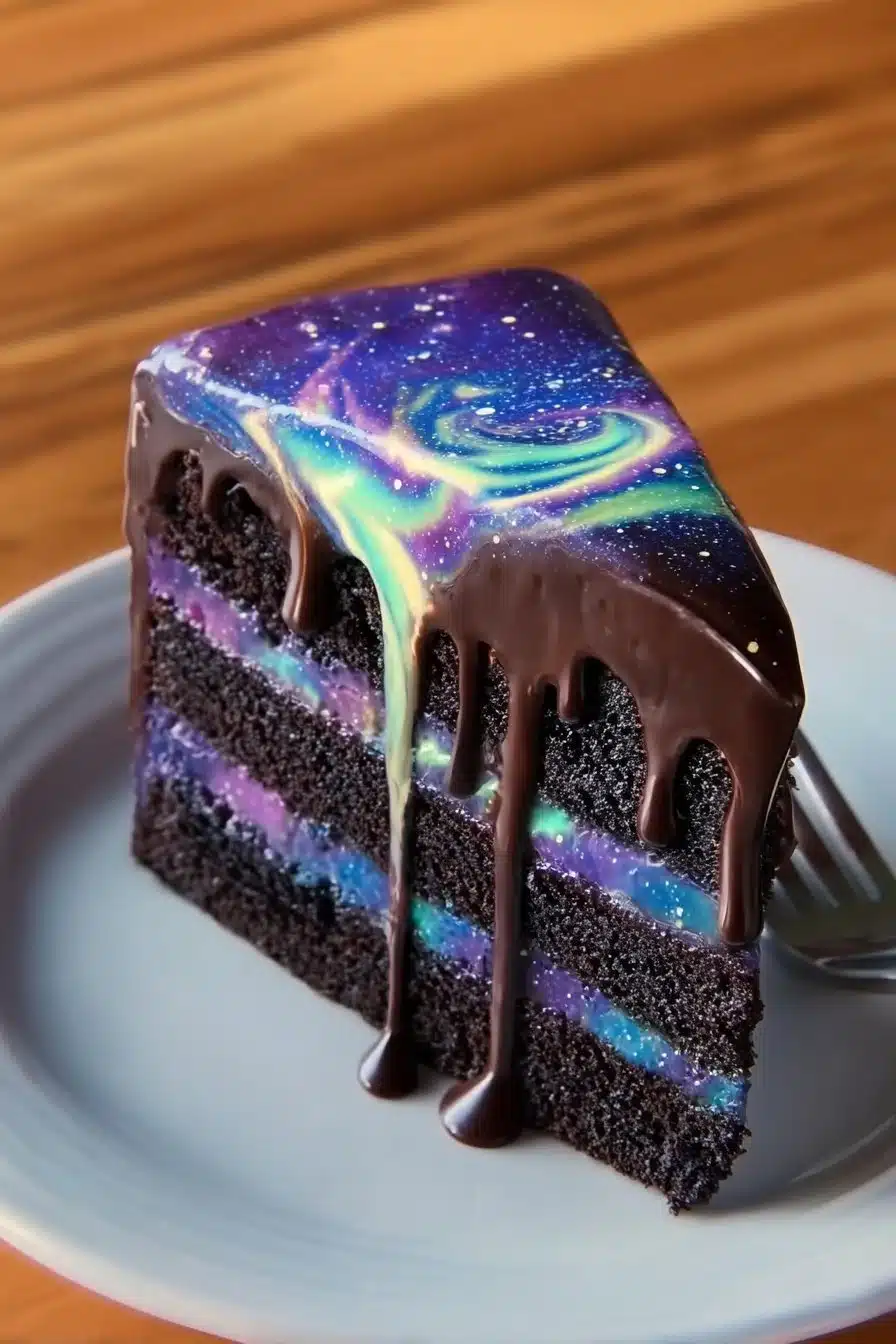 Gâteau Miroir Galaxie élégant avec un glaçage coloré représentant une galaxie