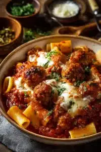 Gratin linguine aux boulettes de viande savoureux et réconfortant