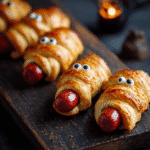 Hot-dogs momies Halloween en pâte feuilletée avec petits yeux