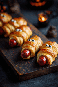 Hot-dogs momies Halloween en pâte feuilletée avec petits yeux