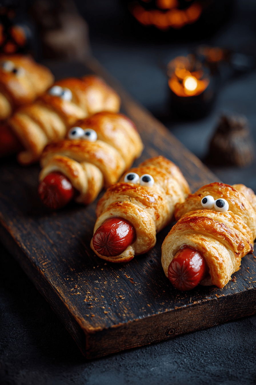 Hot-dogs momies Halloween en pâte feuilletée avec petits yeux