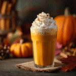 Iced Pumpkin Spice Latte glacé avec crème fouettée et cannelle sur fond automnal