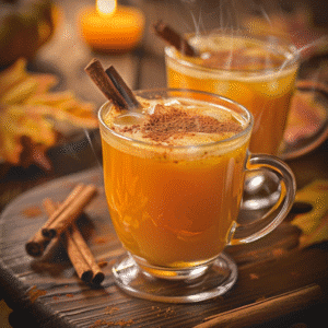 Jus de citrouille épicé dans un mug transparent, boisson d’Halloween chaude et parfumée.