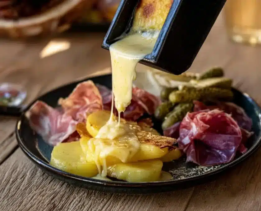 Dîner romantique avec raclette suisse, fromage fondu et accompaniments savoureux.
