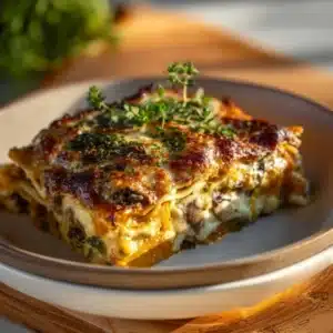 Lasagnes à la courge butternut et champignons, un plat savoureux et réconfortant.