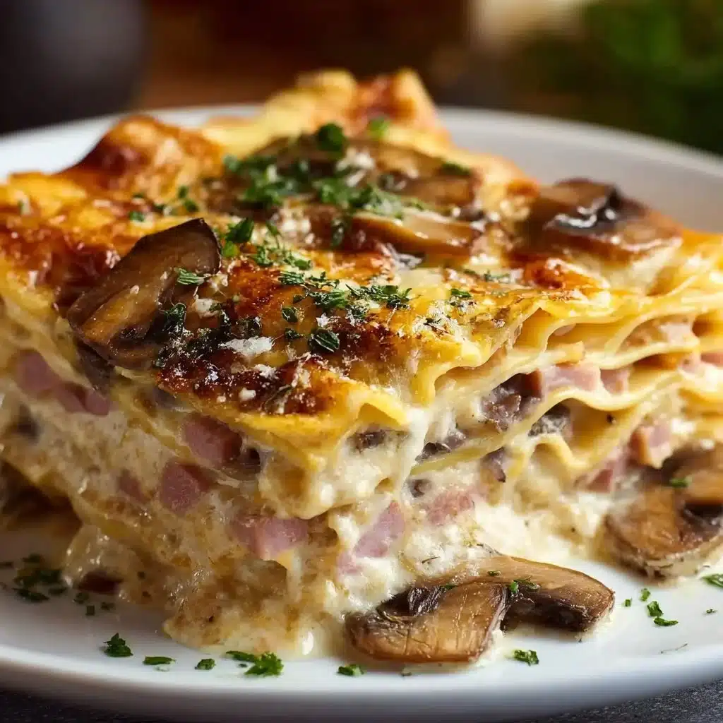 Lasagnes champignons et fromage préparées au four, servi dans un plat délicieux.