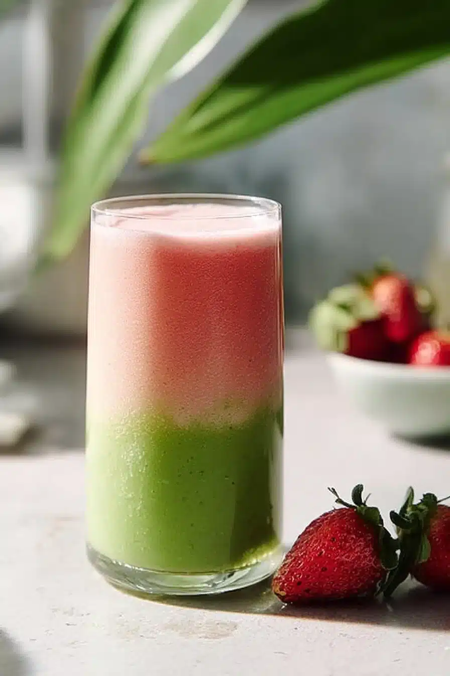 Latté fraise matcha frais et crémeux dans un verre