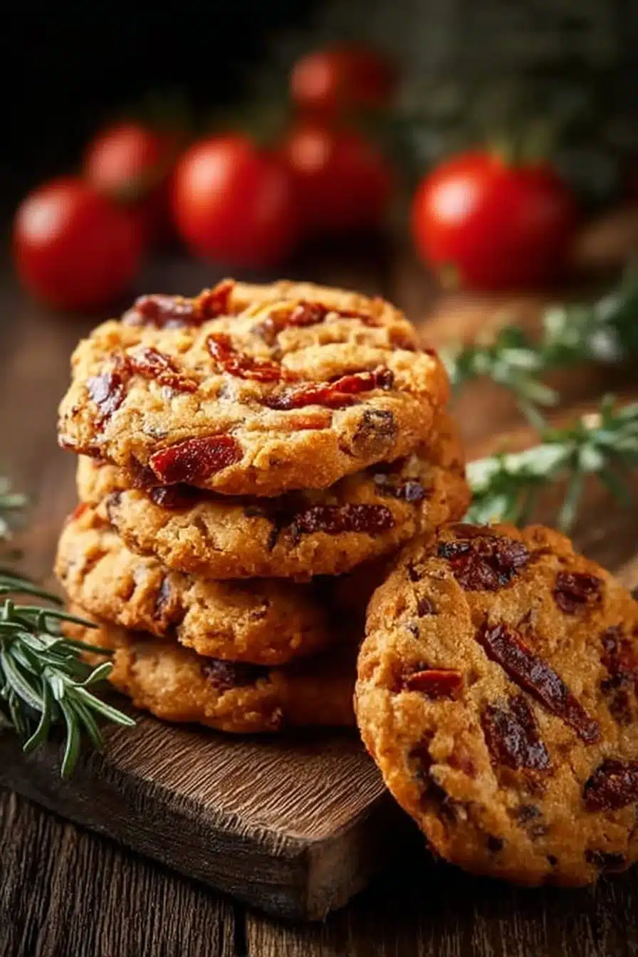 Cookies salés aux tomates séchées et chorizo sur une assiette garnie d'herbes