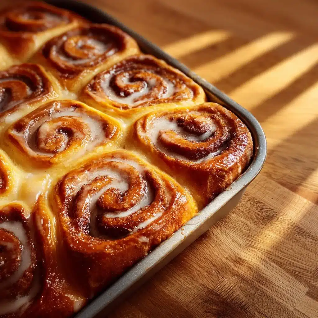 Cinnamon rolls frais sortis du four, garnis de glaçage crémeux.