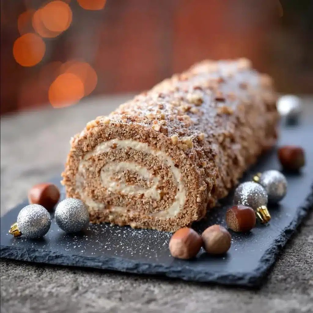 Bûche praliné faite maison pour les fêtes, garnie de praliné gourmand.