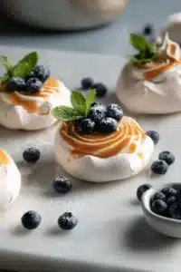 Meringues avec curd aux agrumes sur une assiette décorative