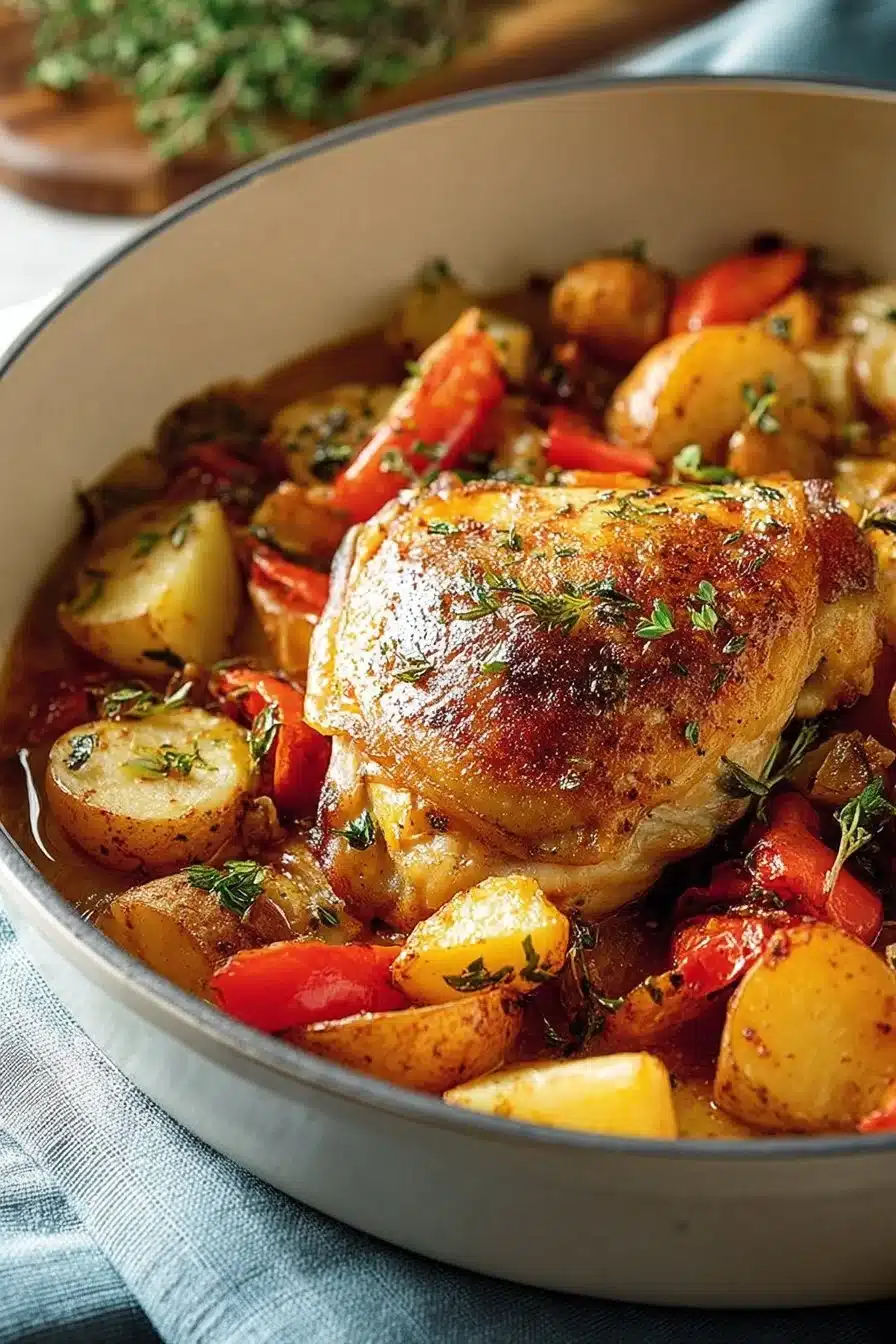 Mijoté de poulet aux légumes savoureux et coloré dans un plat de cuisson