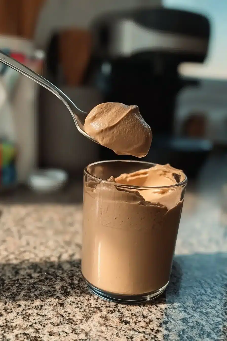 Mousse au Café crémeuse et savoureuse servie dans un verre élégant.