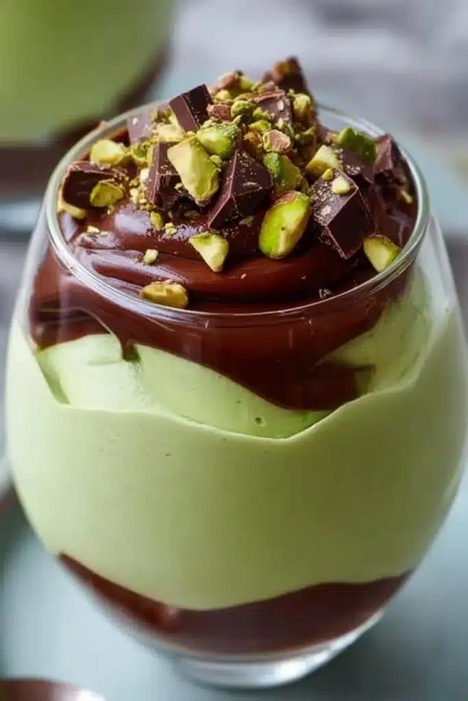 Mousse de pistache garnie de ganache au chocolat onctueuse