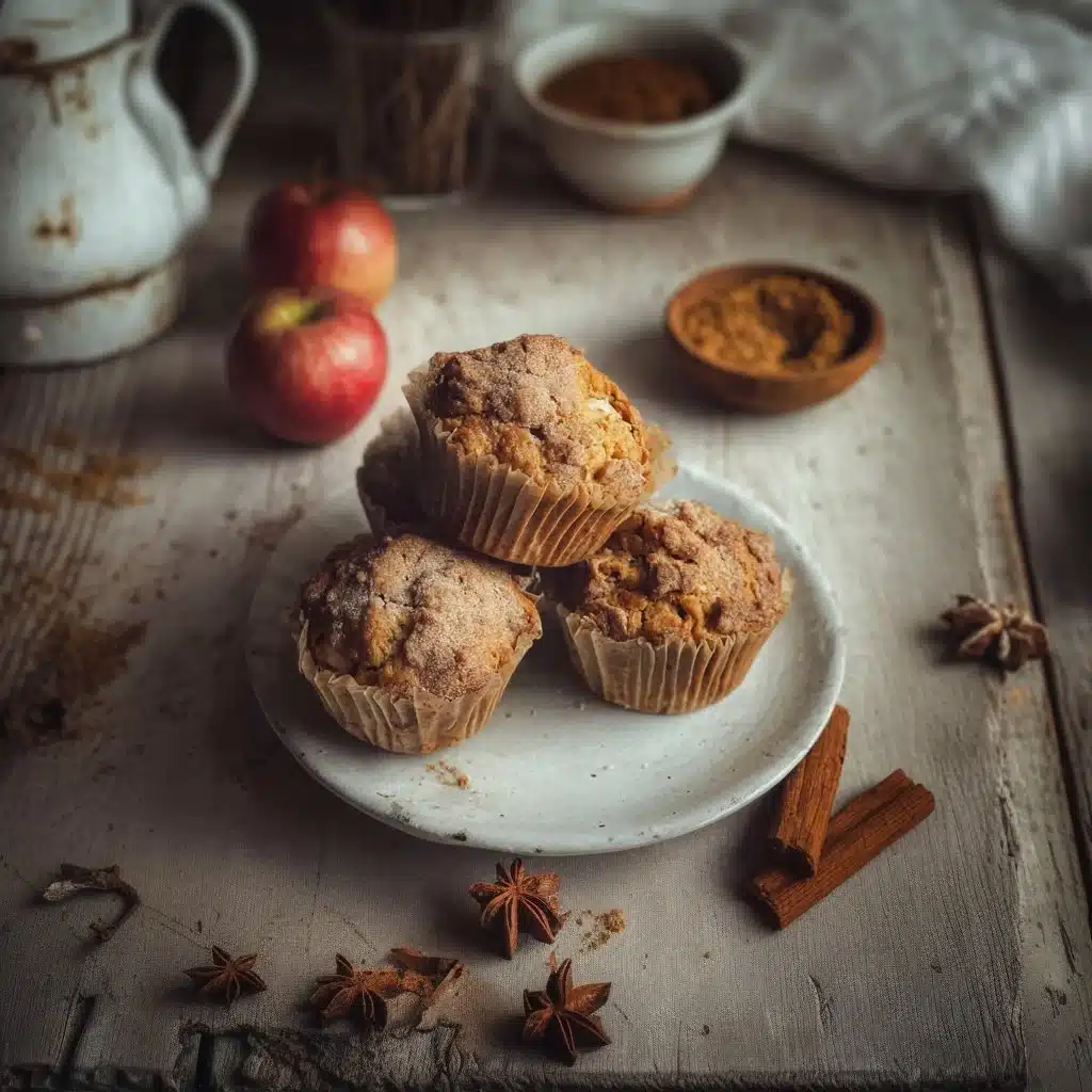 Muffins aux pommes et spéculoos sortis du four, sur une table en bois.