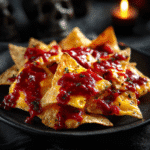 Nachos ensanglantés Halloween – apéritif croustillant à la sauce salsa rouge