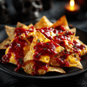 Nachos ensanglantés Halloween – apéritif croustillant à la sauce salsa rouge