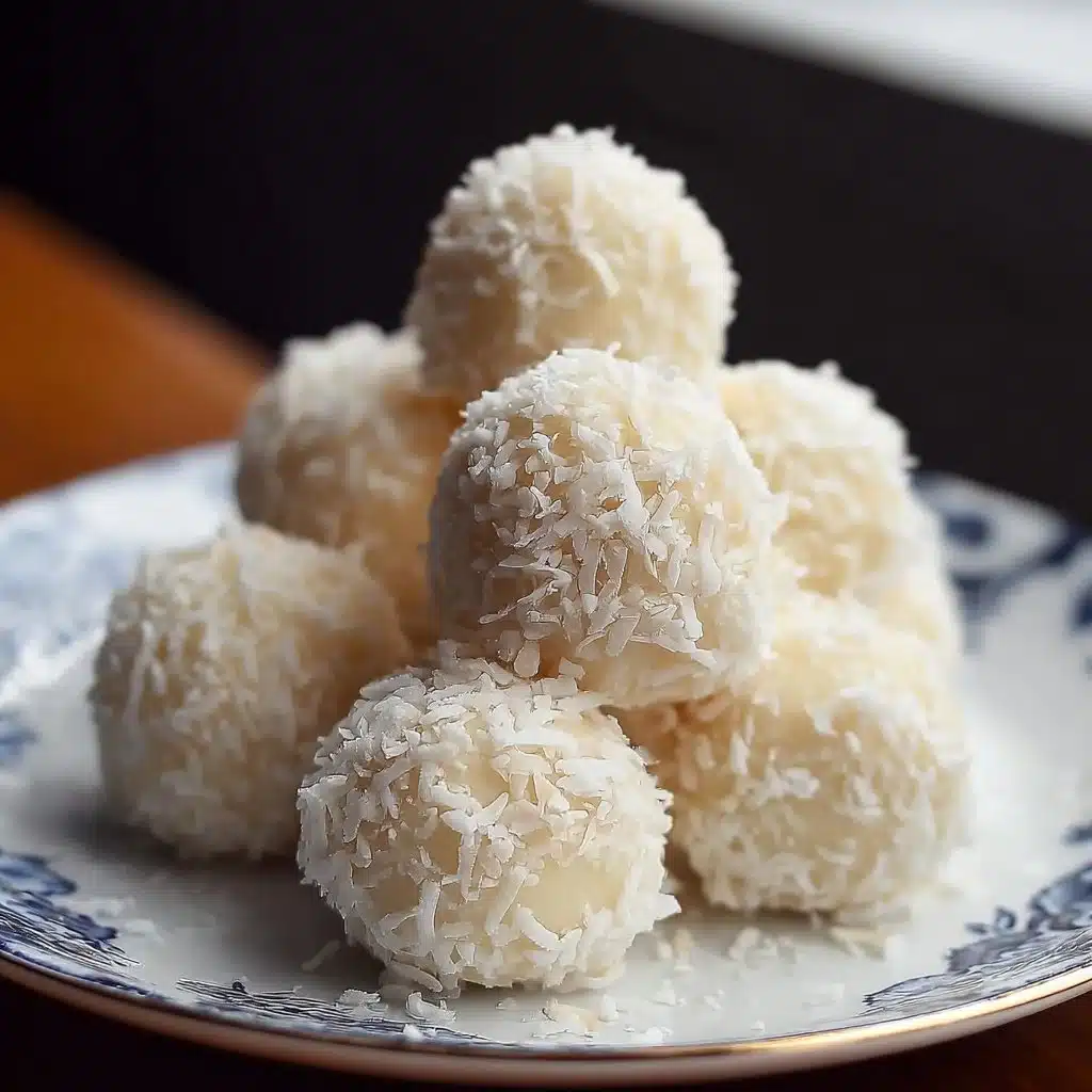 Boules de crème de noix de coco sans cuisson garnies de noix de coco râpée.