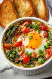 Oeufs au Feta Cuits au Four garnis de fromage feta et d'herbes fraîches