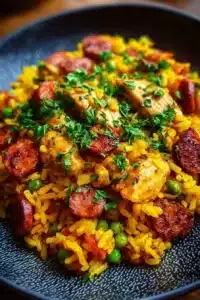 Plat de paella au poulet et chorizo servi dans une grande poêle.