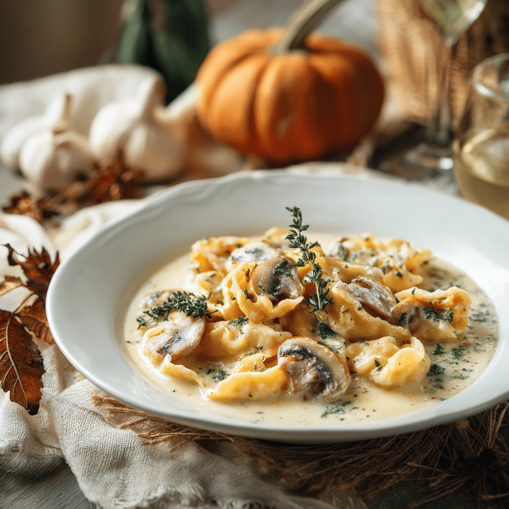 Pâtes au potimarron et champignons dans une sauce crémeuse légère – plat d’automne chaleureux et réconfortant