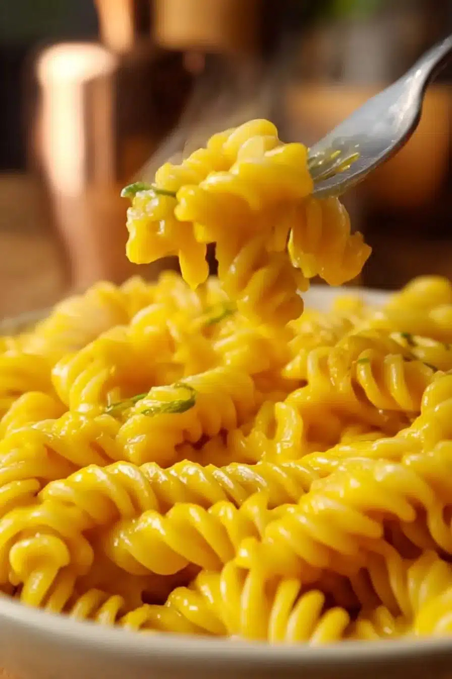 Pâtes à la butternut crémeuses garnies de légumes frais