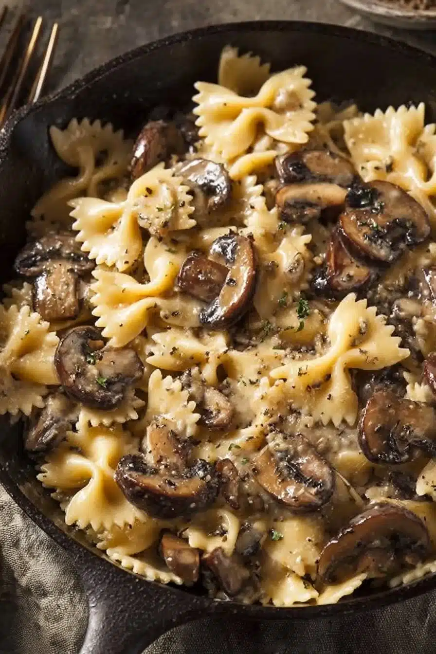 Pâtes aux champignons crémeuses servies avec une sauce délicate et savoureuse.