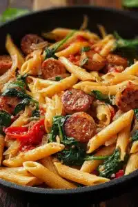 Plat de pâtes cajun aux saucisses épicées avec garniture savoureuse