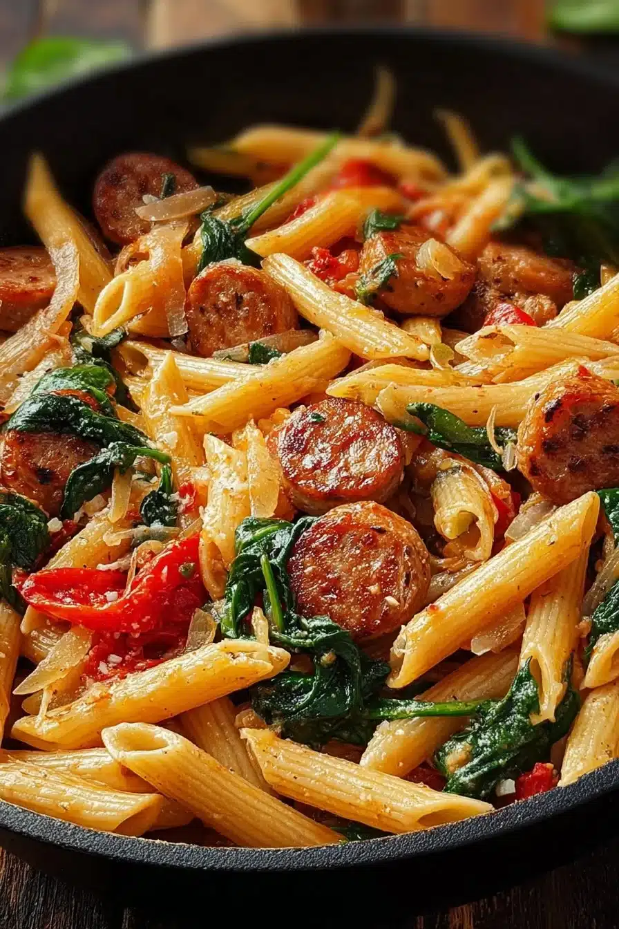 Plat de pâtes cajun aux saucisses épicées avec garniture savoureuse