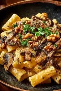 Pâtes crémeuses à la courge, champignons et noix, plat réconfortant et délicieux.