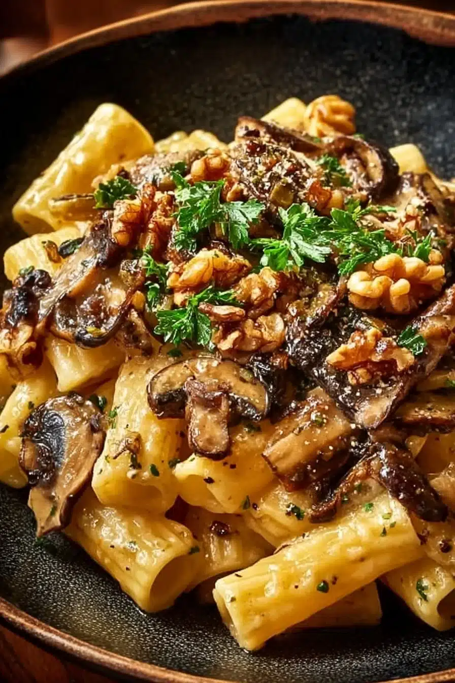 Pâtes crémeuses à la courge, champignons et noix, plat réconfortant et délicieux.