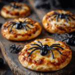 Pizza araignée Halloween, mini-pizzas aux olives en forme d’araignées
