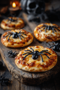 Pizza araignée Halloween, mini-pizzas aux olives en forme d’araignées