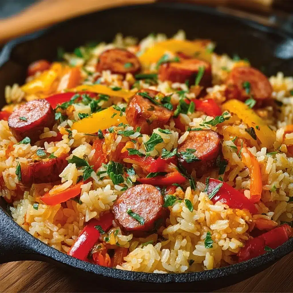 Poêlée de jambalaya avec saucisse et riz, plat rapide et savoureux.