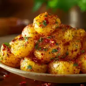 Pommes de terre croustillantes dorées au four, présentées dans un plat élégant.