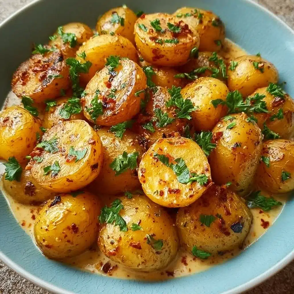 Pommes de Terre Grenaille à la Sauce Crémeuse à l’Ail dans un plat