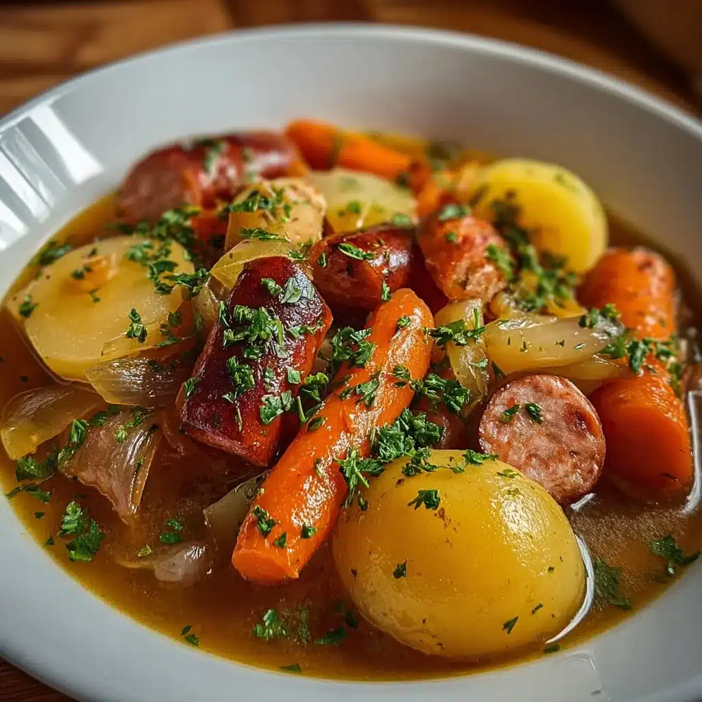 Potée traditionnelle aux saucisses fumées et légumes au style rustique