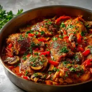 Plat de Poulet Cacciatore à l’Italienne servi avec des légumes et des herbes fraîches