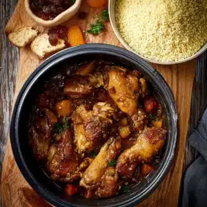 Plat de poulet mijoté aux abricots secs, miel et pain d'épices