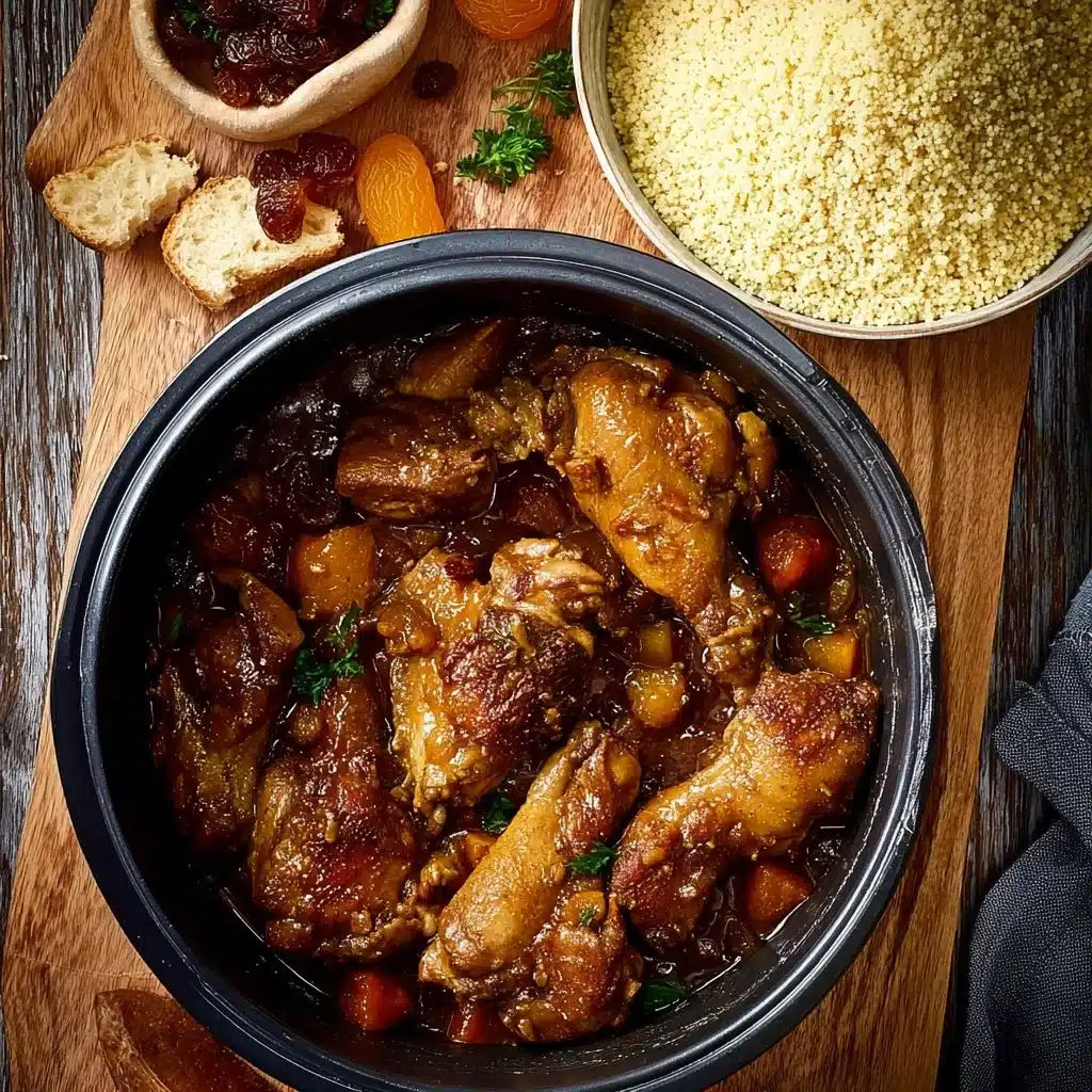 Plat de poulet mijoté aux abricots secs, miel et pain d'épices