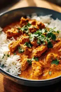 Plat de Poulet Tikka Masala servi avec du riz basmati et des herbes fraîches.