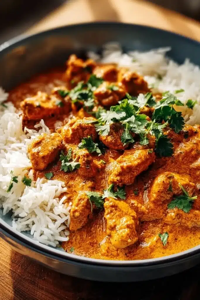 Plat de Poulet Tikka Masala servi avec du riz basmati et des herbes fraîches.
