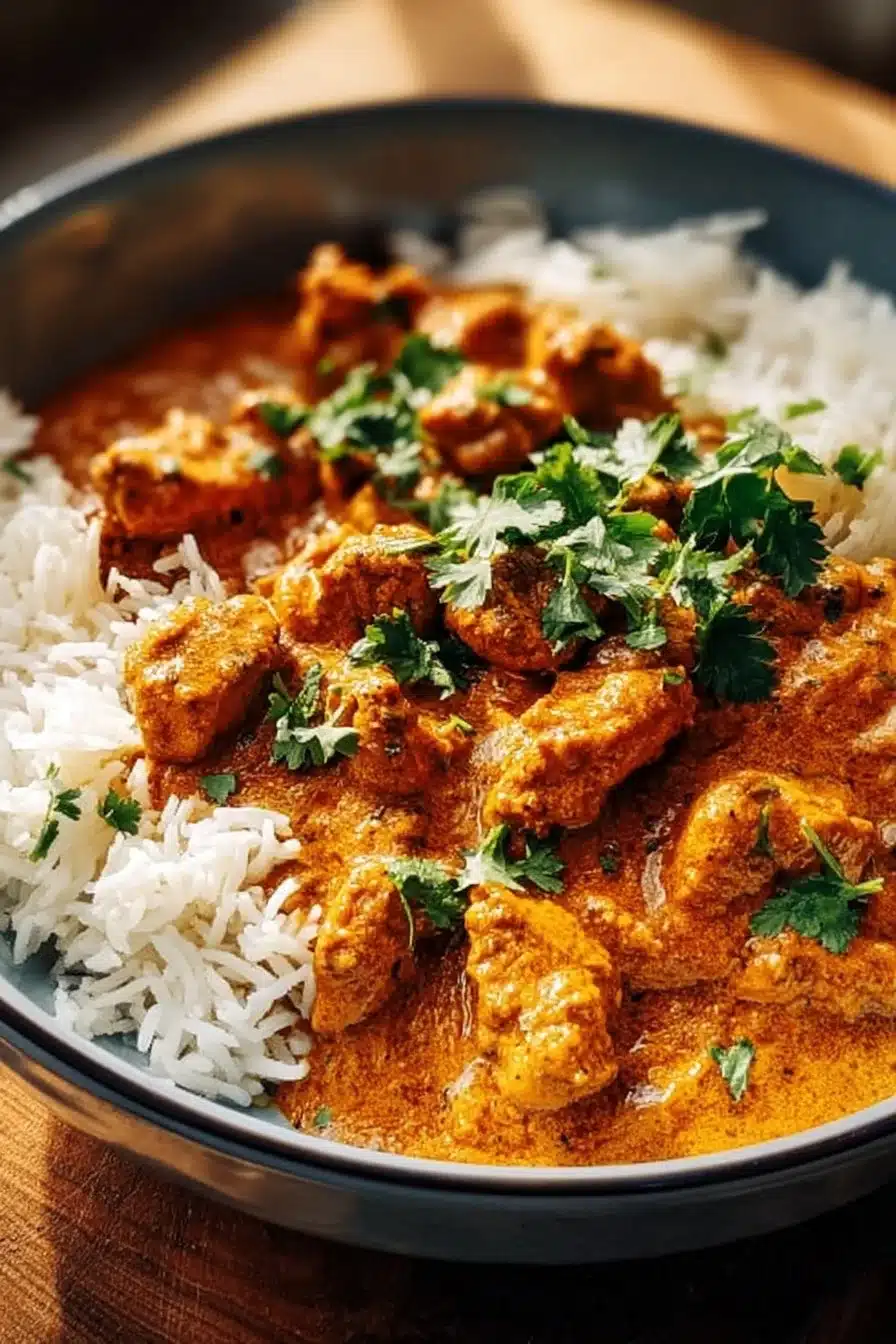 Plat de Poulet Tikka Masala servi avec du riz basmati et des herbes fraîches.