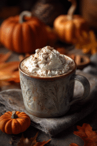 Pumpkin Spice Latte vegan au lait d’avoine avec crème fouettée et épices