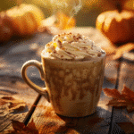 Pumpkin Spice Mocha chaud avec crème fouettée et épices d’automne, servi dans une tasse en céramique.