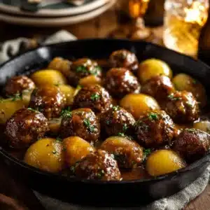 Ragoût de pommes de terre avec boulettes de viande servi dans un bol